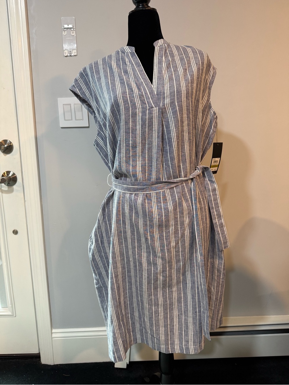 Jones New York Size 14 Blue & White Striped Linen Blend Midi Shirt Dress NWT
